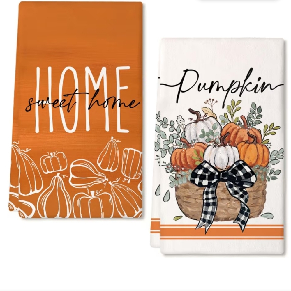 Autumn Harvest Kitchen Towel Set - Orange and White